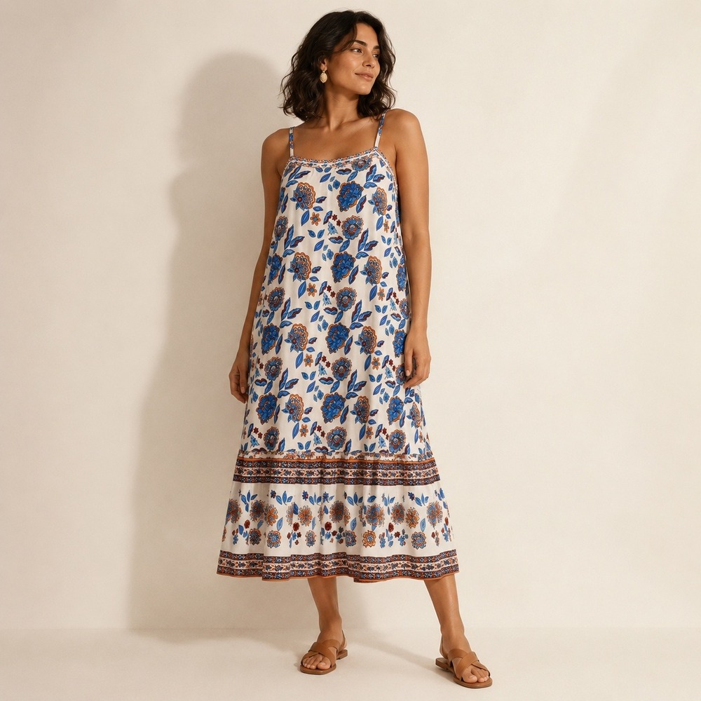 BTFBM Boho Block Print Floral Maxi Dress L Resort Vacation Coastal